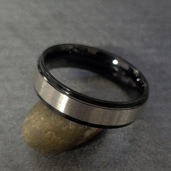 Men's Two Tone Silver and Black Wedding Band Step Edges  Sizes 5 - 13 Available - Picture 6 of 8
